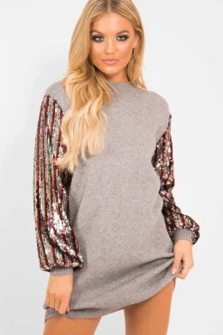 Rebellious Fashion Grey Sequin Sleeve Jumper Dress - Moniece