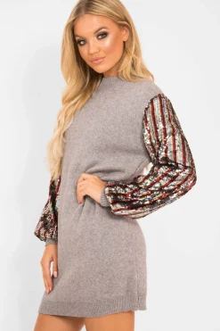 Rebellious Fashion Grey Sequin Sleeve Jumper Dress - Moniece