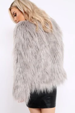 Rebellious Fashion Grey Shaggy Faux Fur Coat - Emilee