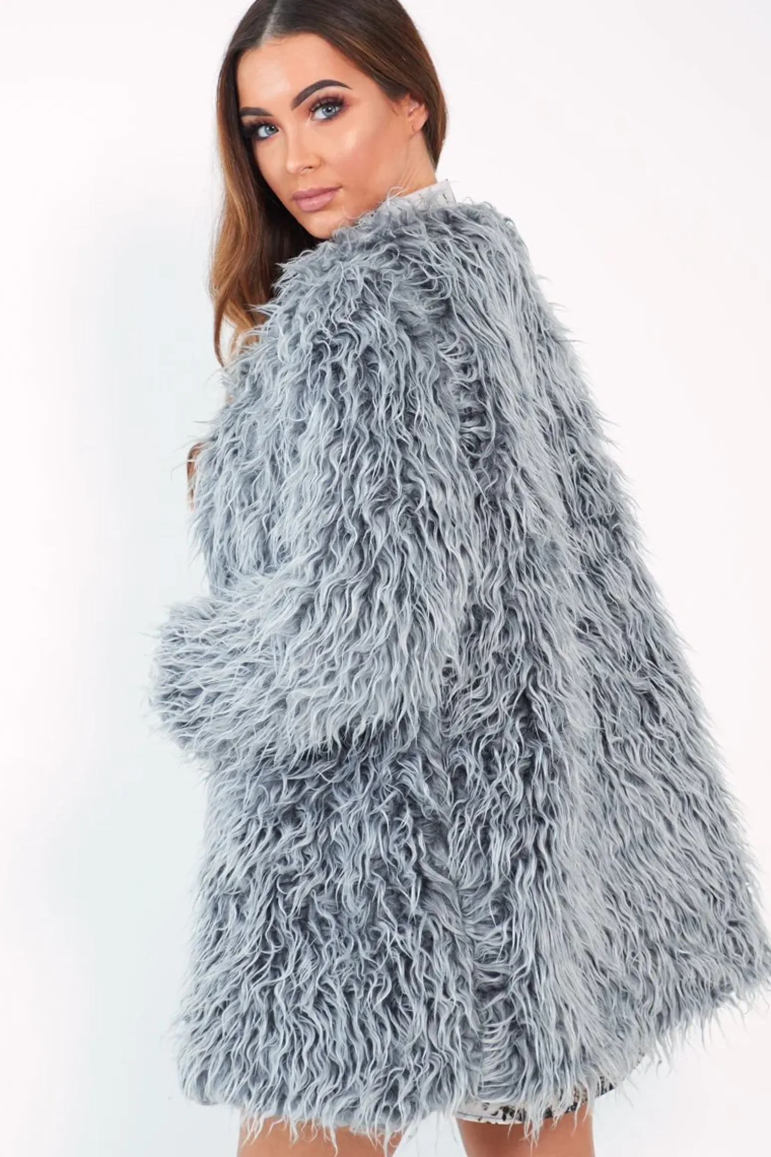 Rebellious Fashion Grey Shaggy Faux Fur Coat - Evalina