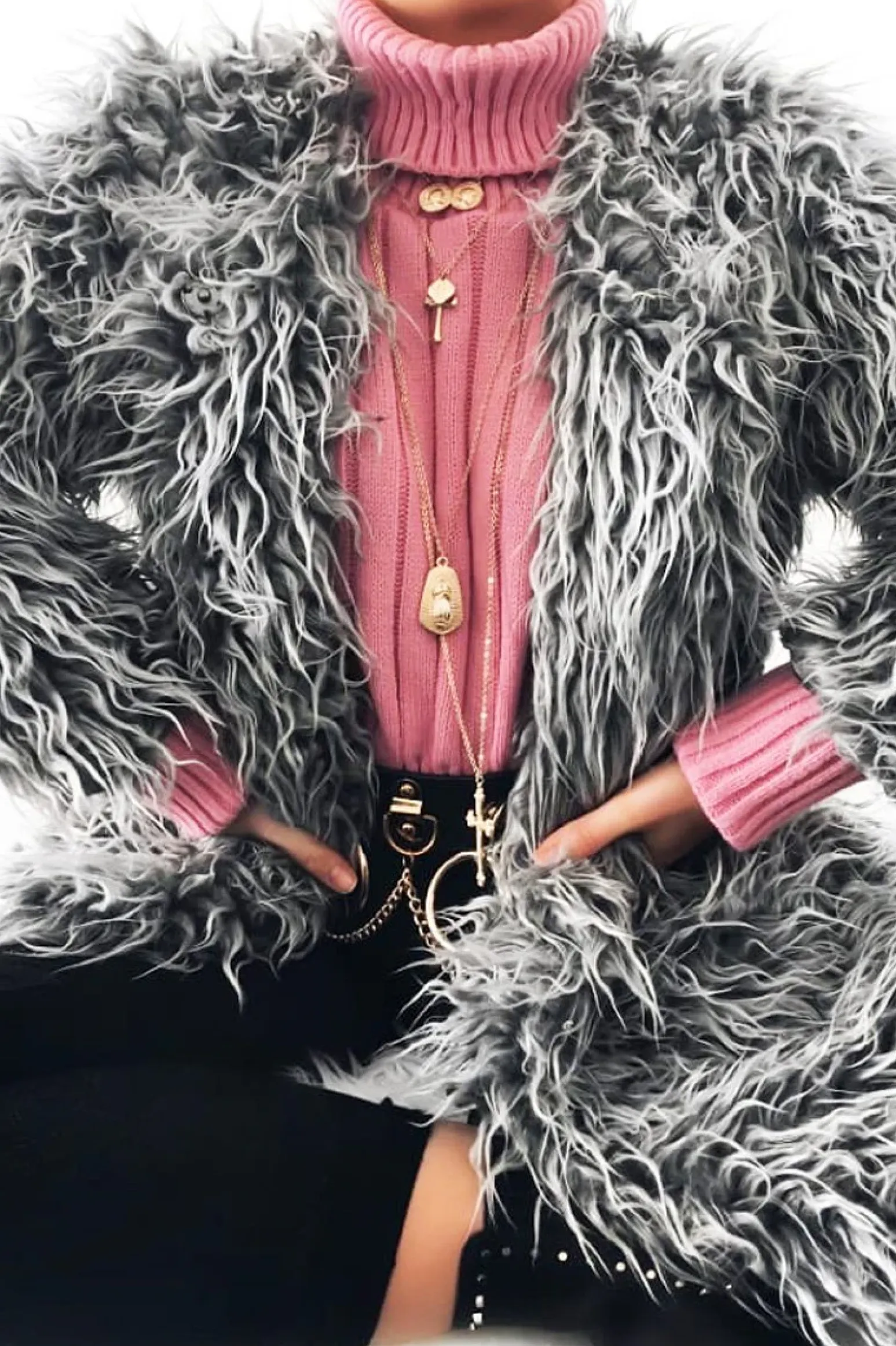 Rebellious Fashion Grey Shaggy Faux Fur Coat - Evalina
