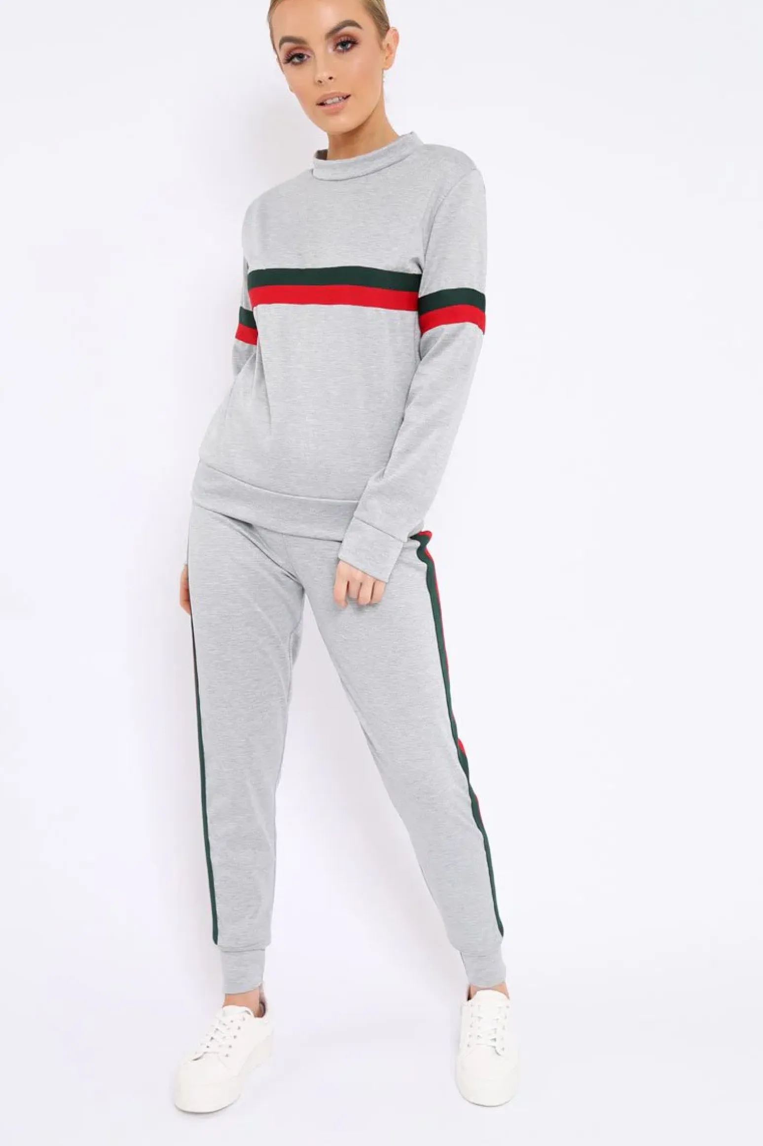Rebellious Fashion Grey Side Stripe Crew Neck Loungewear Set - Danyela