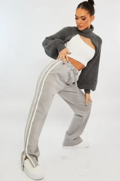 Rebellious Fashion Grey Side Stripe Split Hem Wide Leg Joggers - Karris
