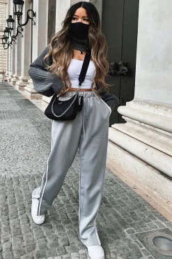 Rebellious Fashion Grey Side Stripe Split Hem Wide Leg Joggers - Karris
