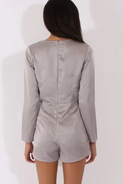 Rebellious Fashion Grey Silky Front Twist Playsuit - Venus