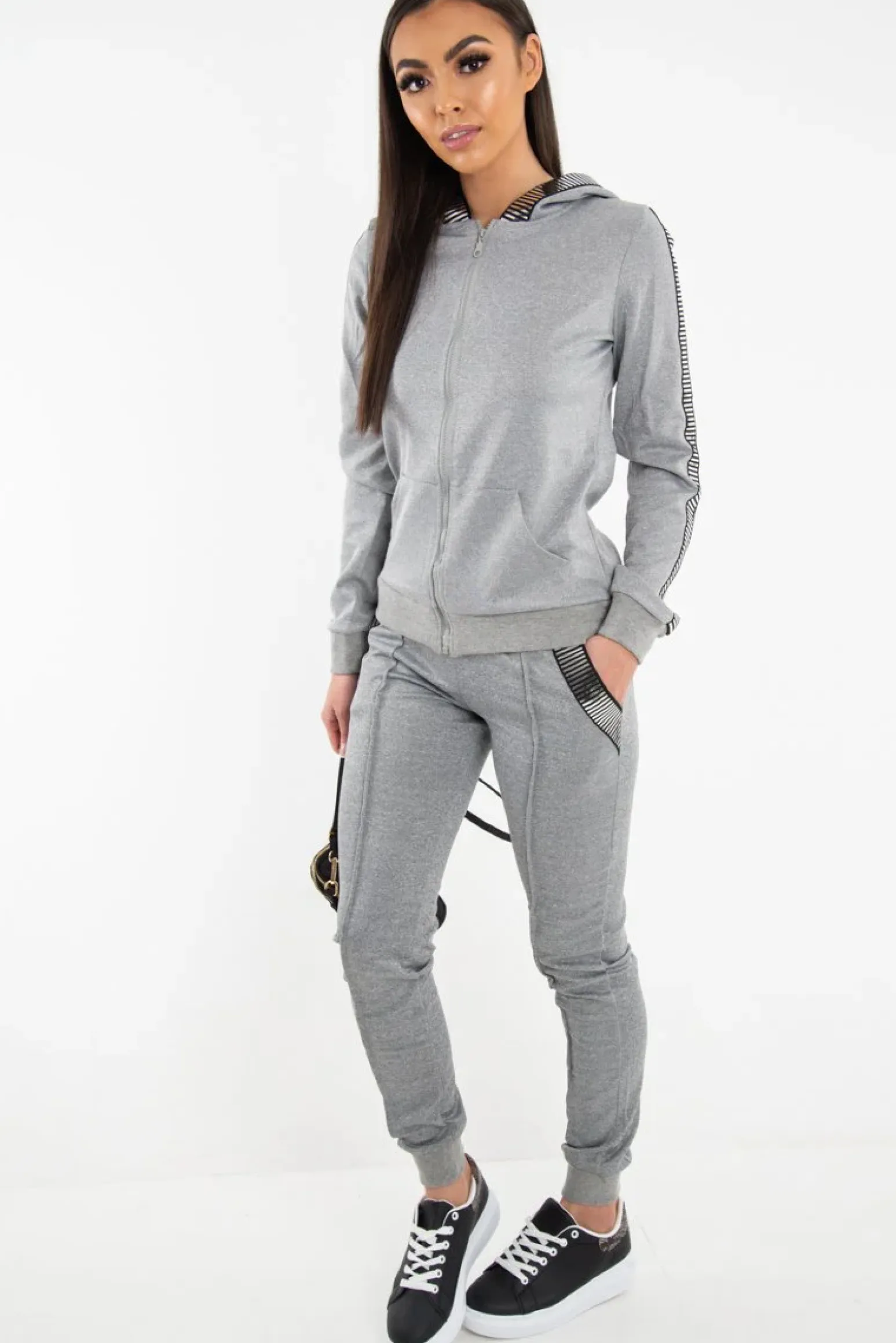 Rebellious Fashion Grey Silver Stripe Detail Hooded Tracksuit - Daelyn