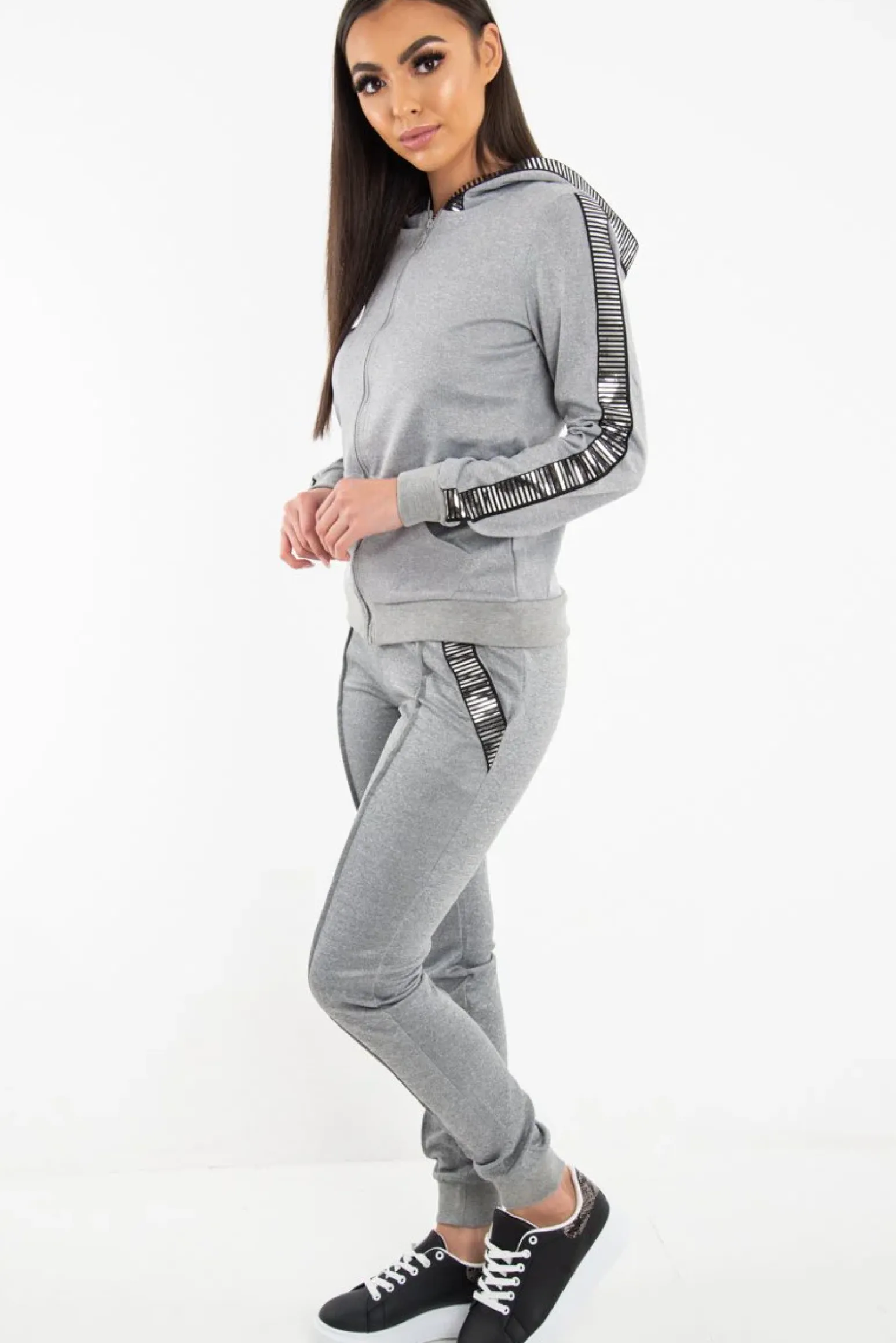 Rebellious Fashion Grey Silver Stripe Detail Hooded Tracksuit - Daelyn