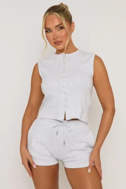 Rebellious Fashion Grey Sleeveless Button Front Rib Top and Short Co-ord Set - Zita