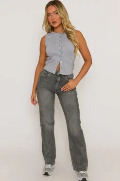 Rebellious Fashion Grey Sleeveless Button Up Rib Top - Nikolina