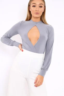 Rebellious Fashion Grey Slinky Key Hole Wrap Front Bodysuit - Tazmin