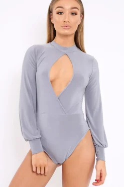 Rebellious Fashion Grey Slinky Key Hole Wrap Front Bodysuit - Tazmin
