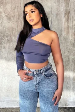 Rebellious Fashion Grey Slinky One Sleeve Crop Top - Katara