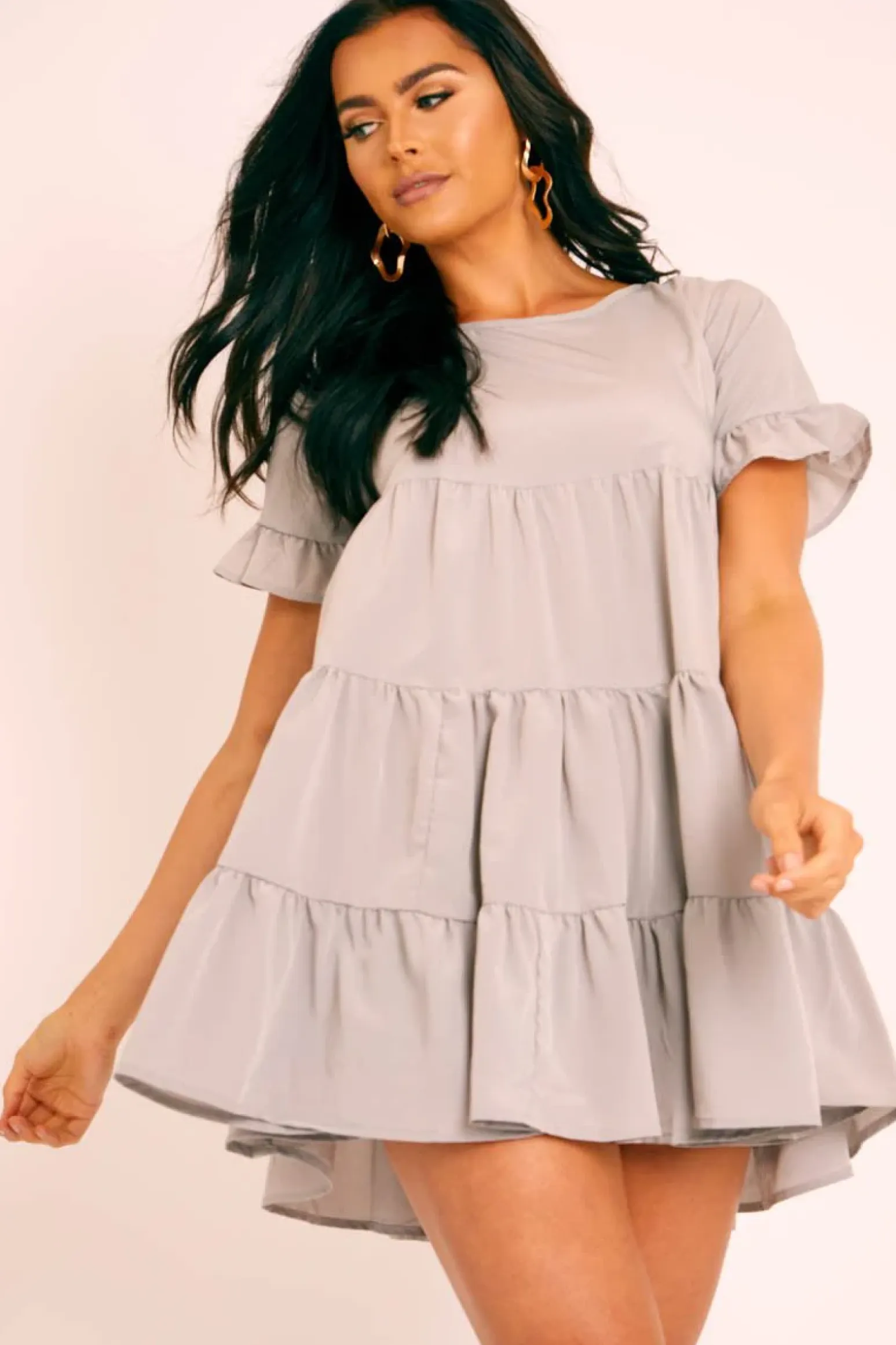Rebellious Fashion Grey Smock Tiered Frill Sleeve Mini Dress - Olah