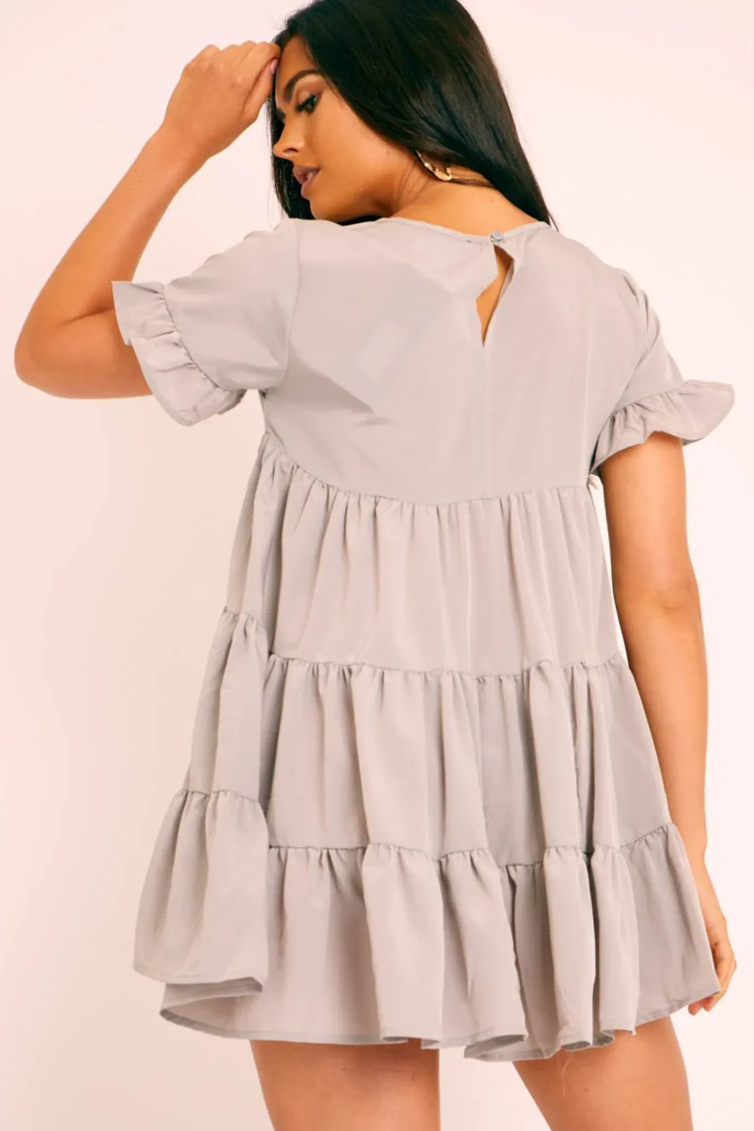 Rebellious Fashion Grey Smock Tiered Frill Sleeve Mini Dress - Olah