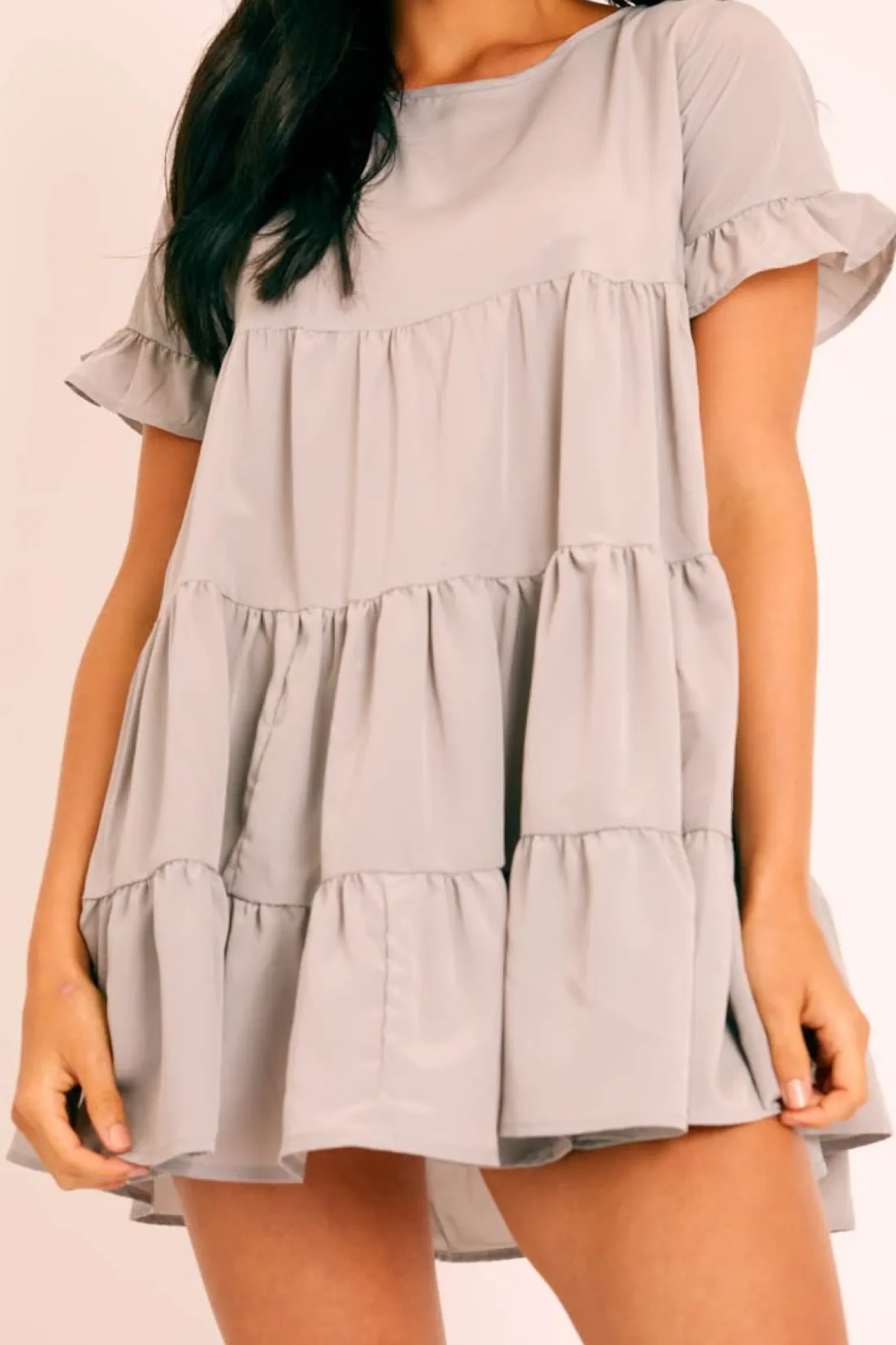 Rebellious Fashion Grey Smock Tiered Frill Sleeve Mini Dress - Olah