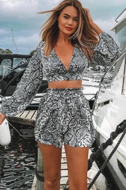 Rebellious Fashion Grey Snake Blouse and Paper Bag Shorts Co-Ord - Jasly