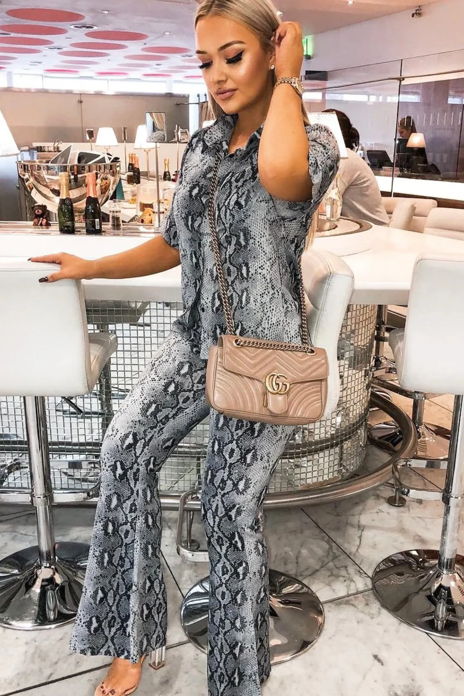 Rebellious Fashion Grey Snake Print High Waisted Flare Trousers And Shirt Co-ord - Colynn