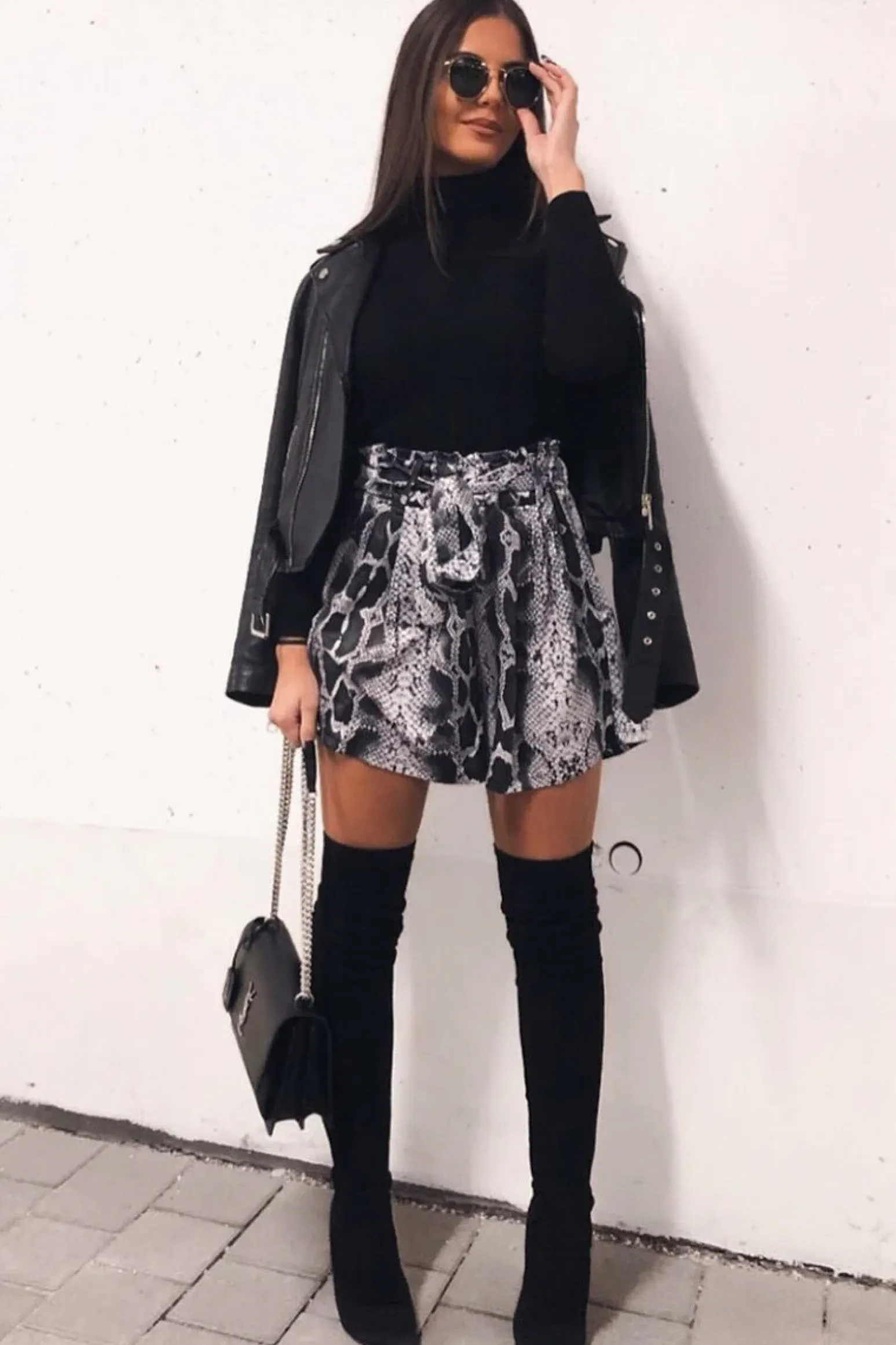Rebellious Fashion Grey Snake Print Paper Bag Waist Shorts - Lilybeth