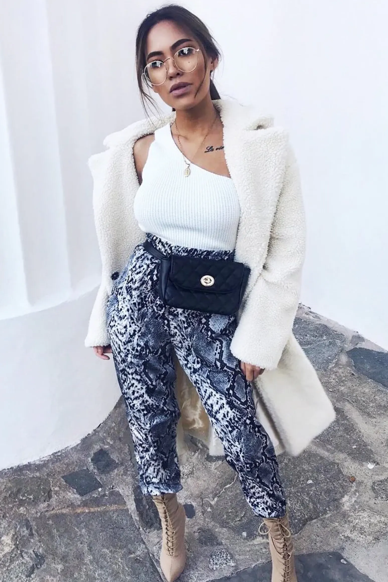 Rebellious Fashion Grey Snake Print Tie Waist Cuffed Trousers - Annica
