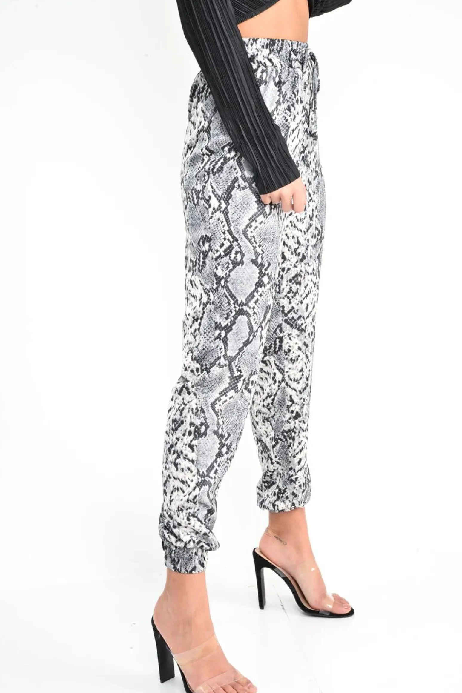 Rebellious Fashion Grey Snake Print Tie Waist Cuffed Trousers - Annica