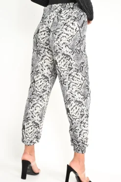 Rebellious Fashion Grey Snake Print Tie Waist Cuffed Trousers - Annica