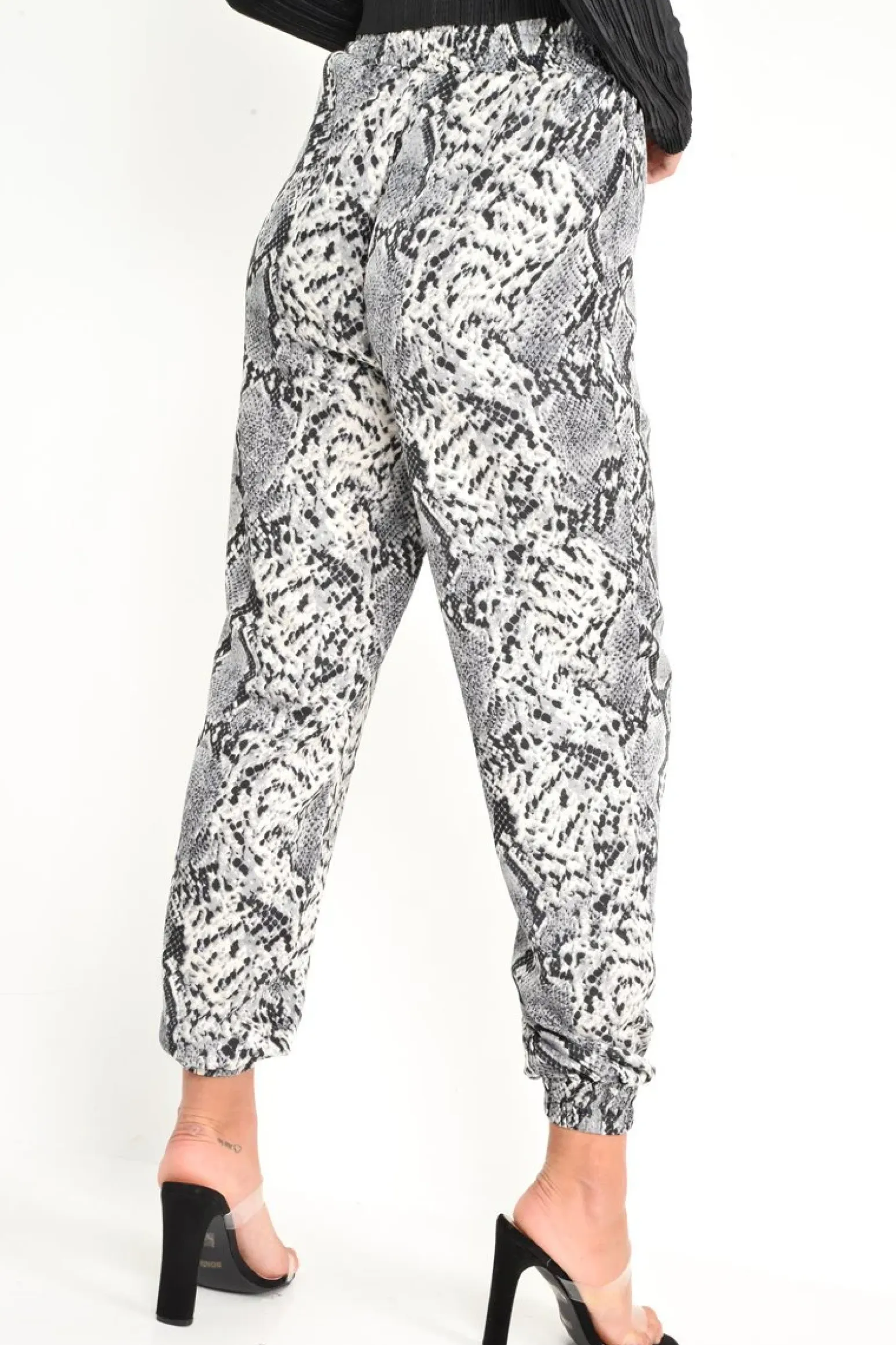 Rebellious Fashion Grey Snake Print Tie Waist Cuffed Trousers - Annica