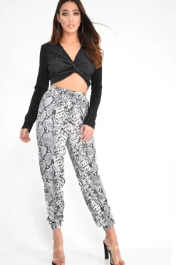 Rebellious Fashion Grey Snake Print Tie Waist Cuffed Trousers - Annica