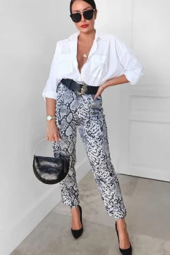 Rebellious Fashion Grey Snake Print Tie Waist Cuffed Trousers - Annica