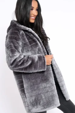 Rebellious Fashion Grey Soft Faux Fur Hooded Coat - Kila