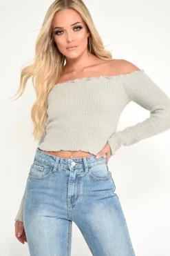 Rebellious Fashion Grey Soft Knit Bardot Crop Jumper - Sidnee