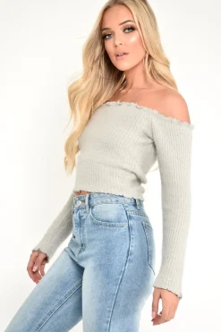 Rebellious Fashion Grey Soft Knit Bardot Crop Jumper - Sidnee