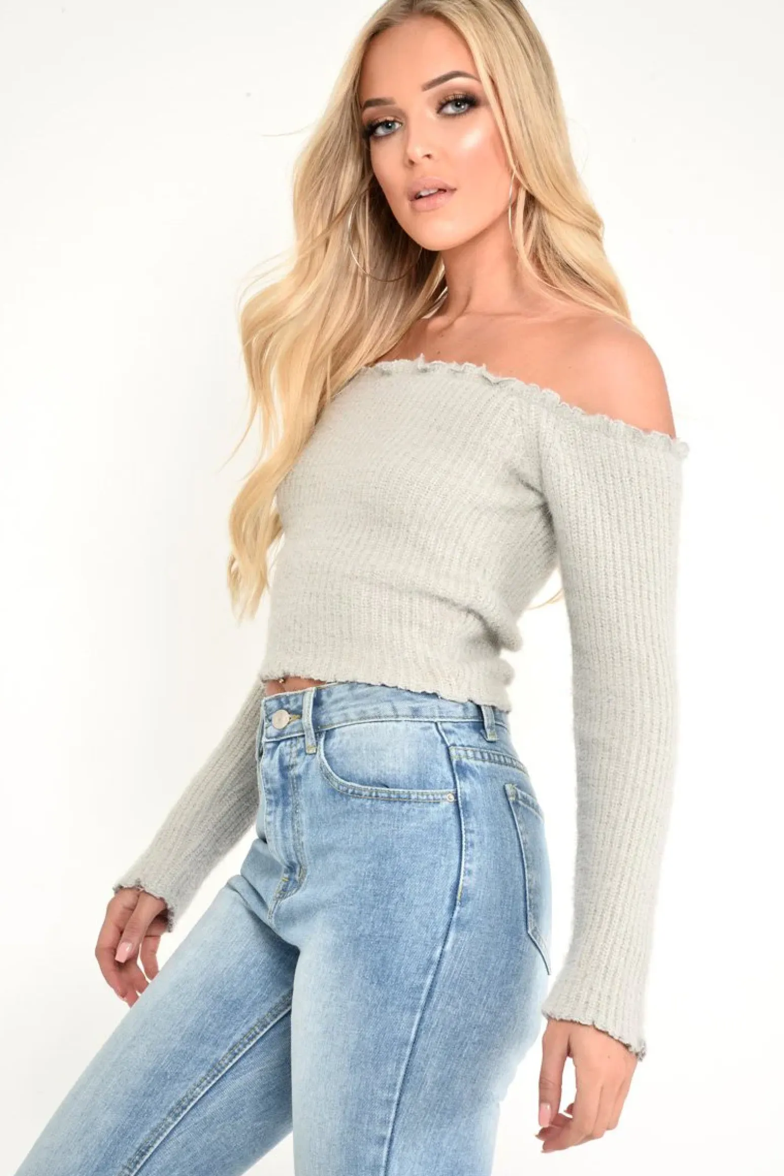 Rebellious Fashion Grey Soft Knit Bardot Crop Jumper - Sidnee