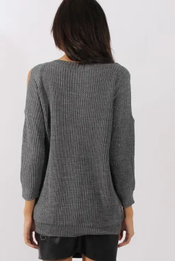 Rebellious Fashion Grey Sparkle Knitted Cold Shoulder Jumper - May