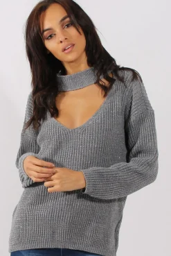 Rebellious Fashion Grey Sparkle Knitted Cut Out Front Jumper - Meri