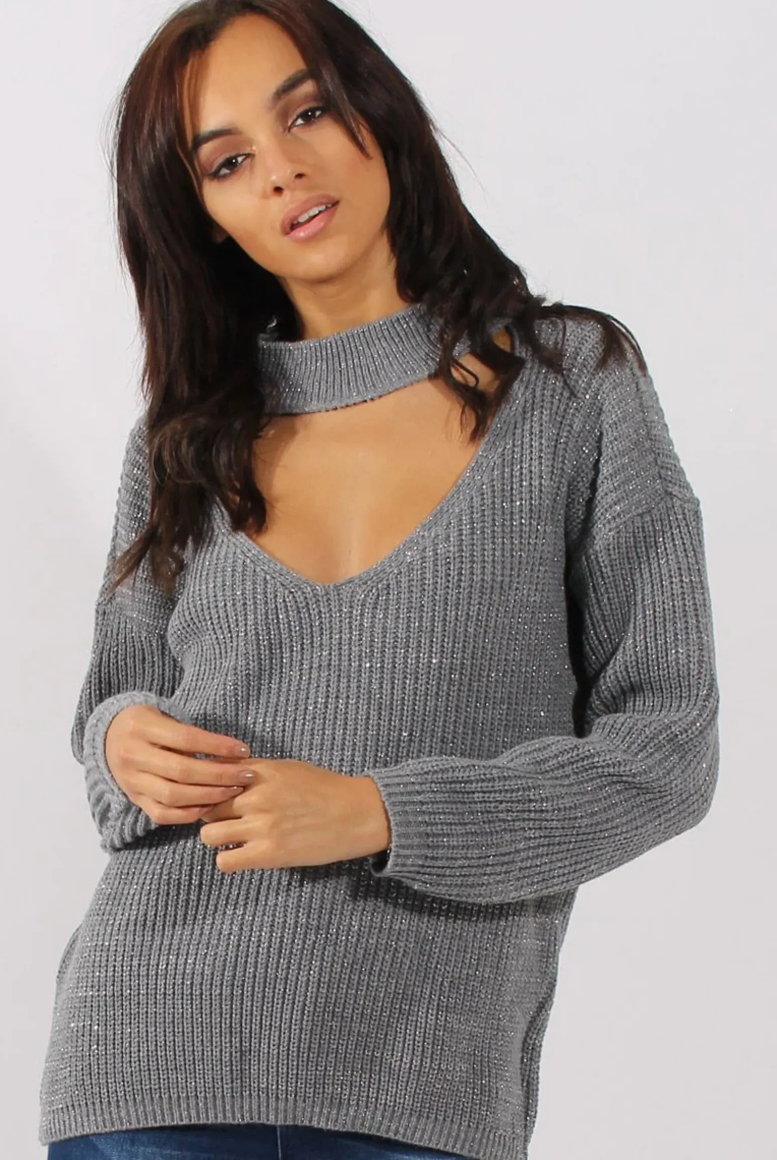 Rebellious Fashion Grey Sparkle Knitted Cut Out Front Jumper - Meri
