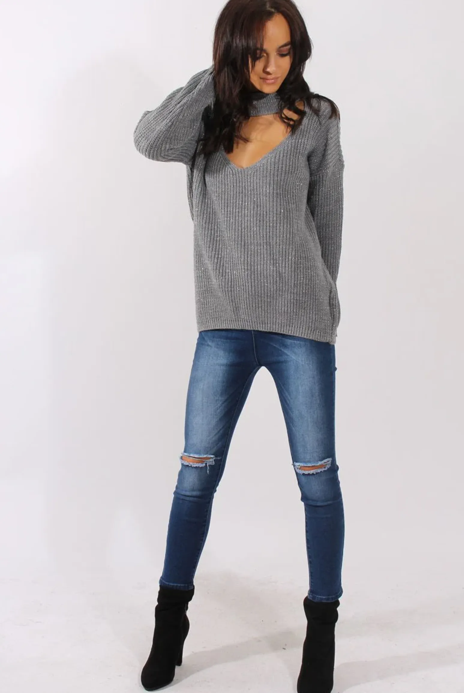 Rebellious Fashion Grey Sparkle Knitted Cut Out Front Jumper - Meri