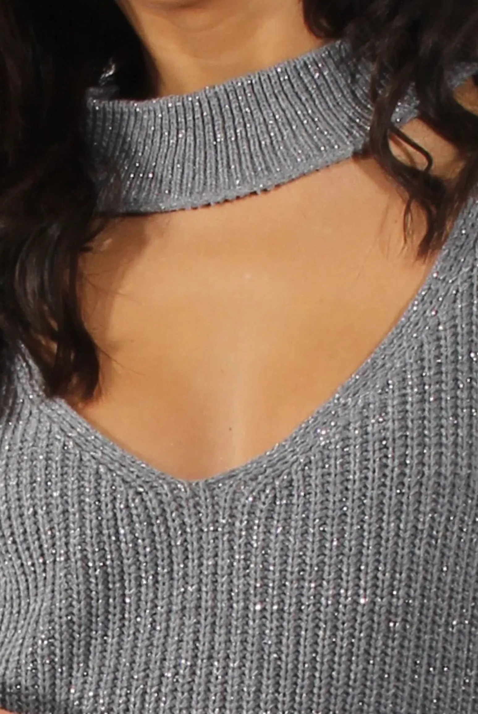 Rebellious Fashion Grey Sparkle Knitted Cut Out Front Jumper - Meri