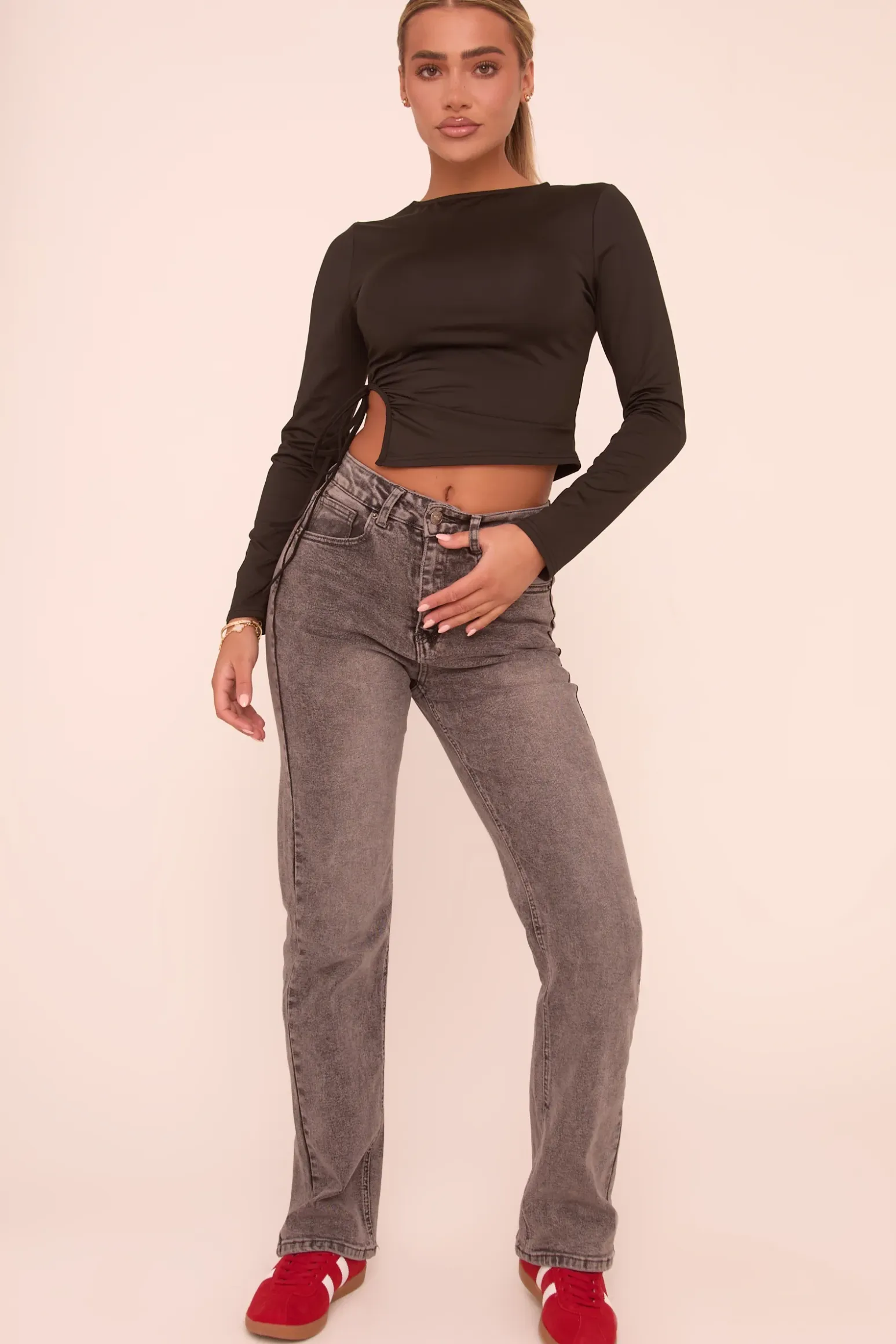 Rebellious Fashion Grey Stretch Mid Waist Straight Leg Denim Jeans - Lorella