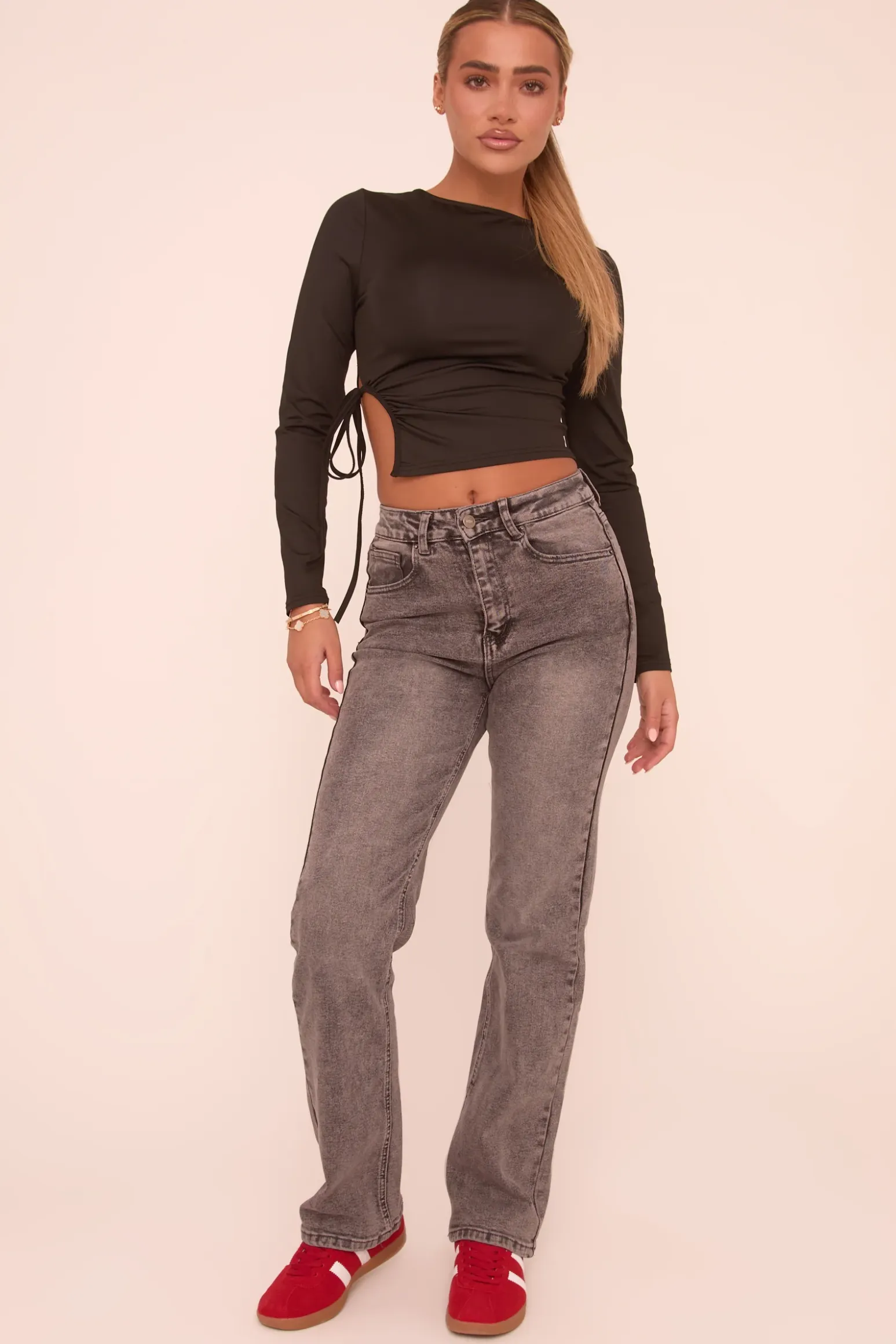 Rebellious Fashion Grey Stretch Mid Waist Straight Leg Denim Jeans - Lorella