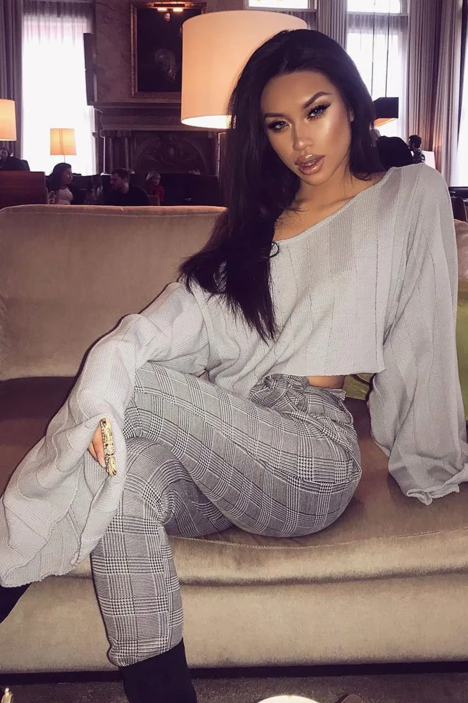 Rebellious Fashion Grey Striped Cropped Batwing Jumper with V neck -Karri