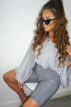 Rebellious Fashion Grey Striped Cropped Batwing Jumper with V neck -Karri