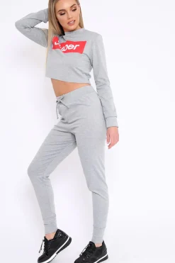 Rebellious Fashion Grey Super Red Slogan Crop Jumper And Joggers Loungerwear Set - Olita