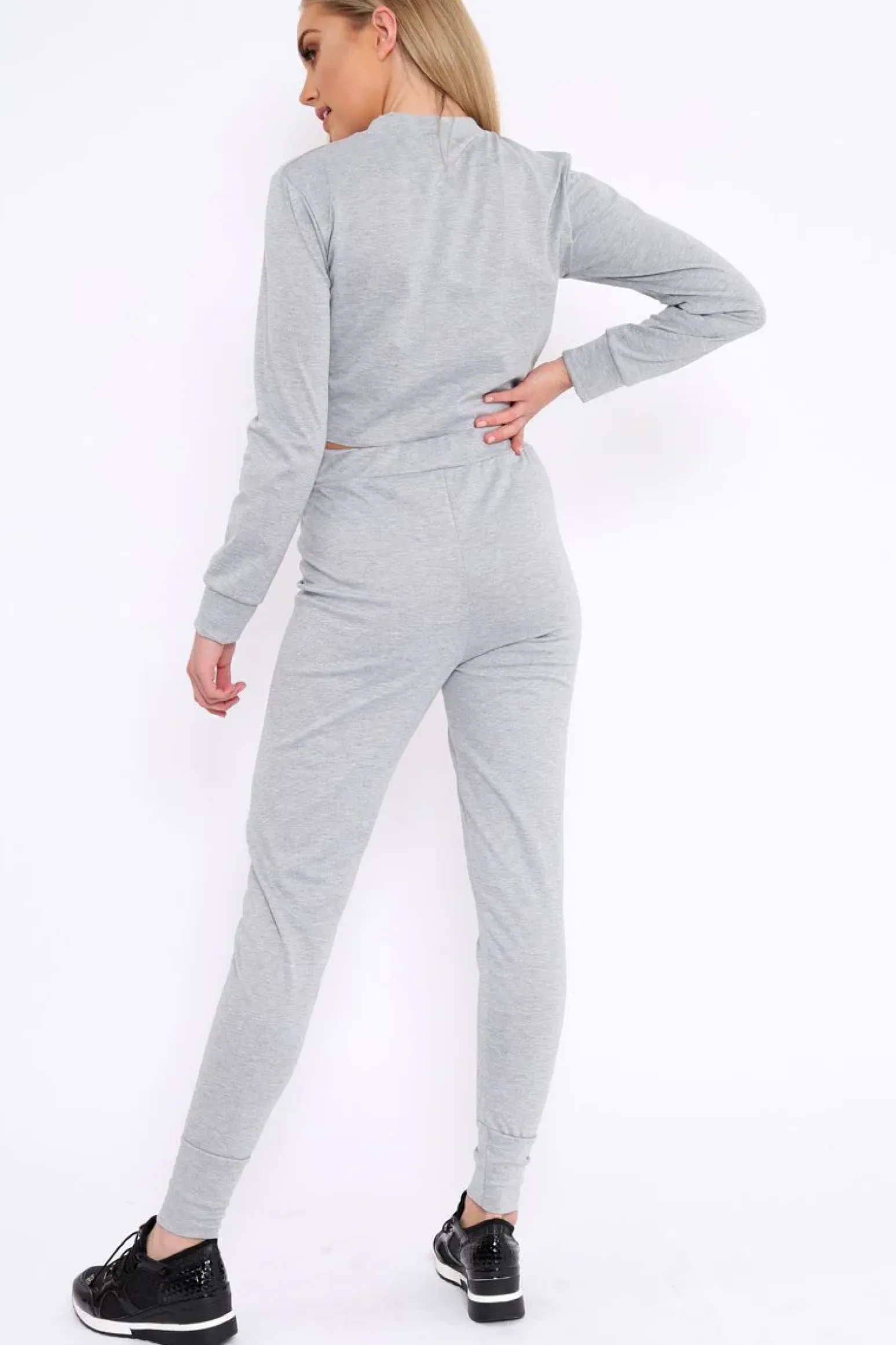 Rebellious Fashion Grey Super Red Slogan Crop Jumper And Joggers Loungerwear Set - Olita