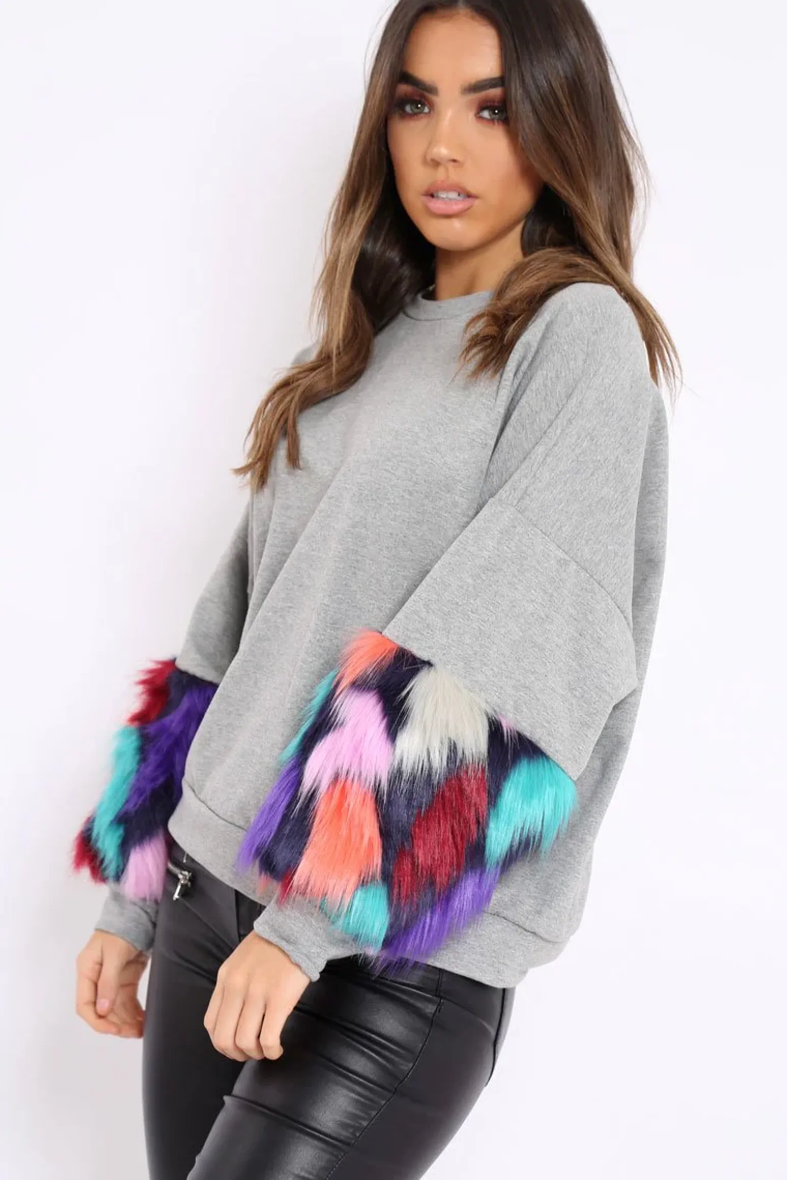 Rebellious Fashion Grey Sweatshirt with Multicolour Fur Sleeves - Loise