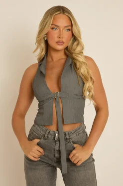 Rebellious Fashion Grey Tailored Waistcoat Top - Ramona