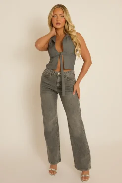 Rebellious Fashion Grey Tailored Waistcoat Top - Ramona