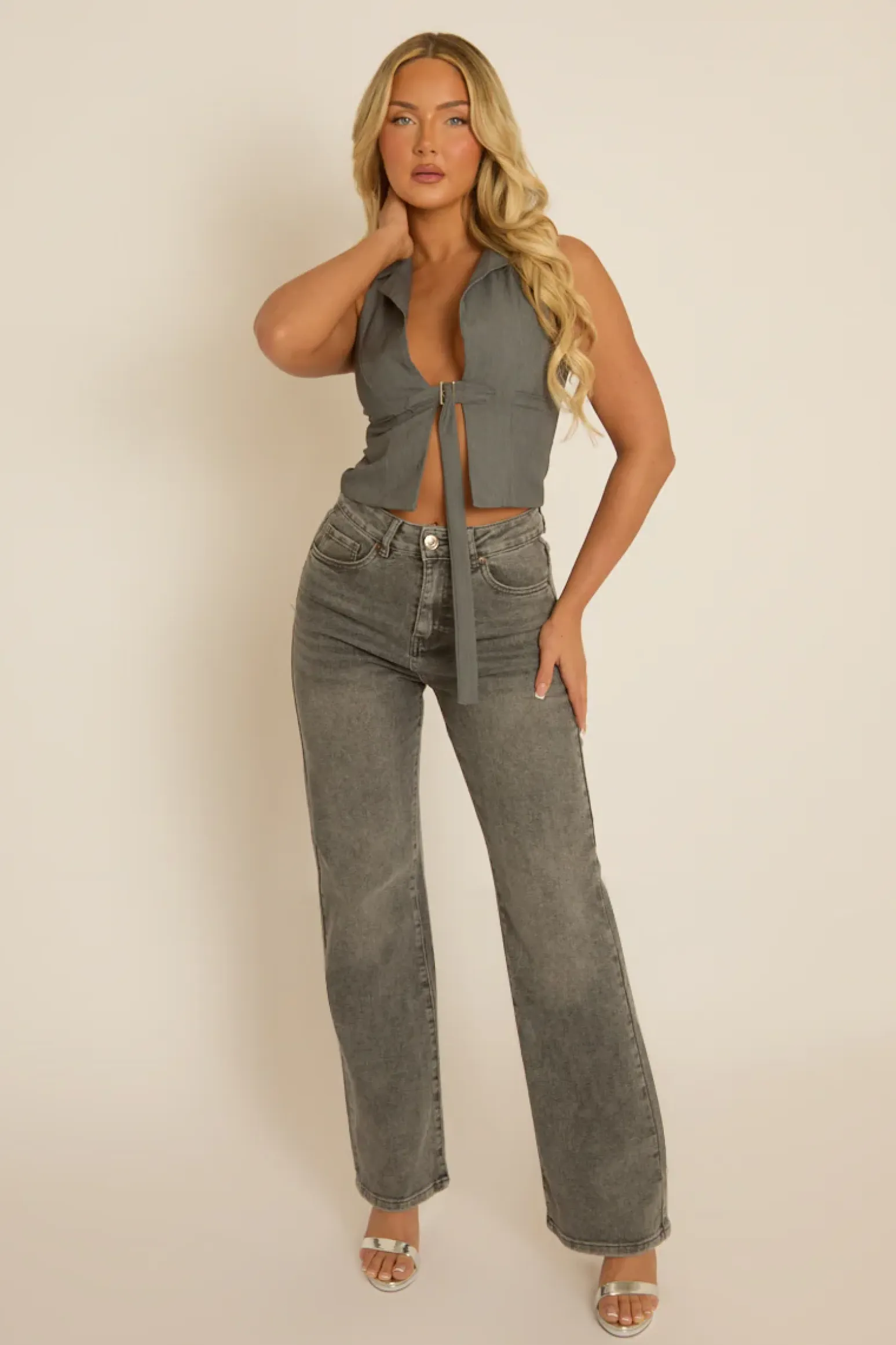 Rebellious Fashion Grey Tailored Waistcoat Top - Ramona
