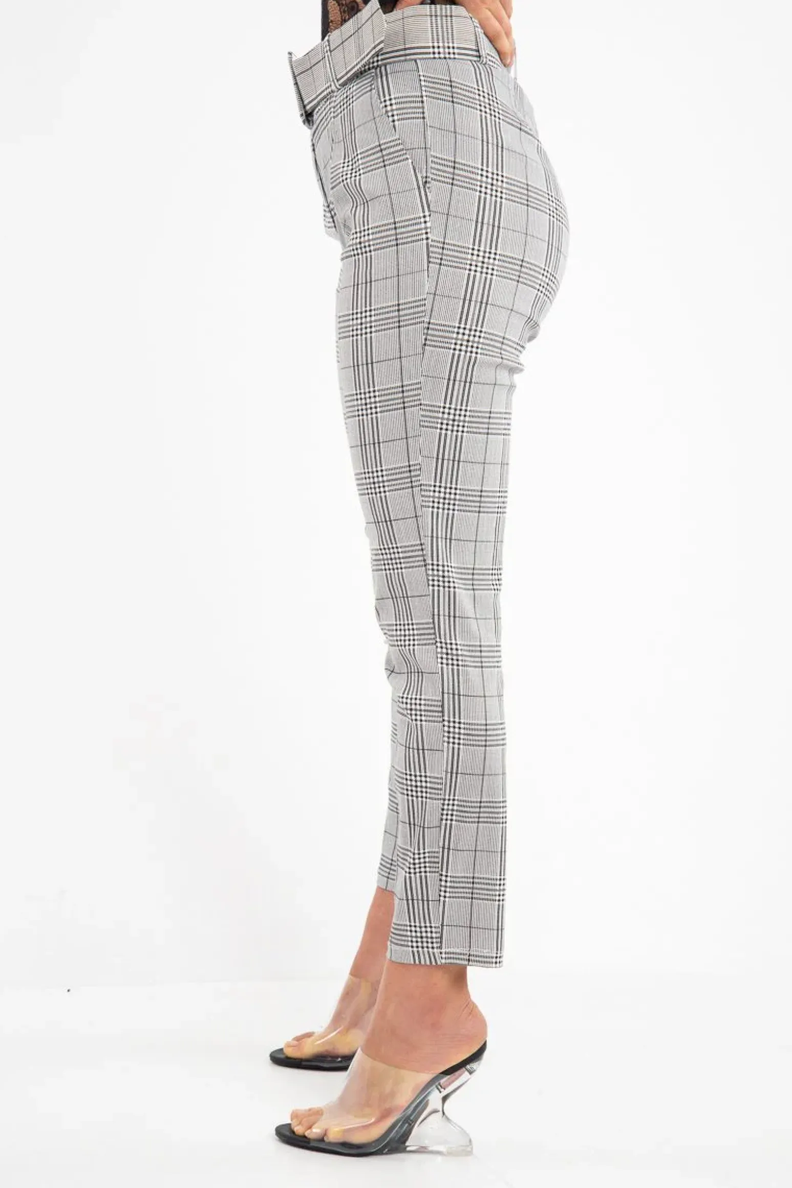 Rebellious Fashion Grey Tartan Belted Tailored Trousers - Celena