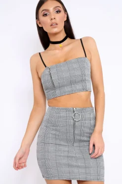 Rebellious Fashion Grey Tartan Crop Top and Skirt Co-ord - Edina