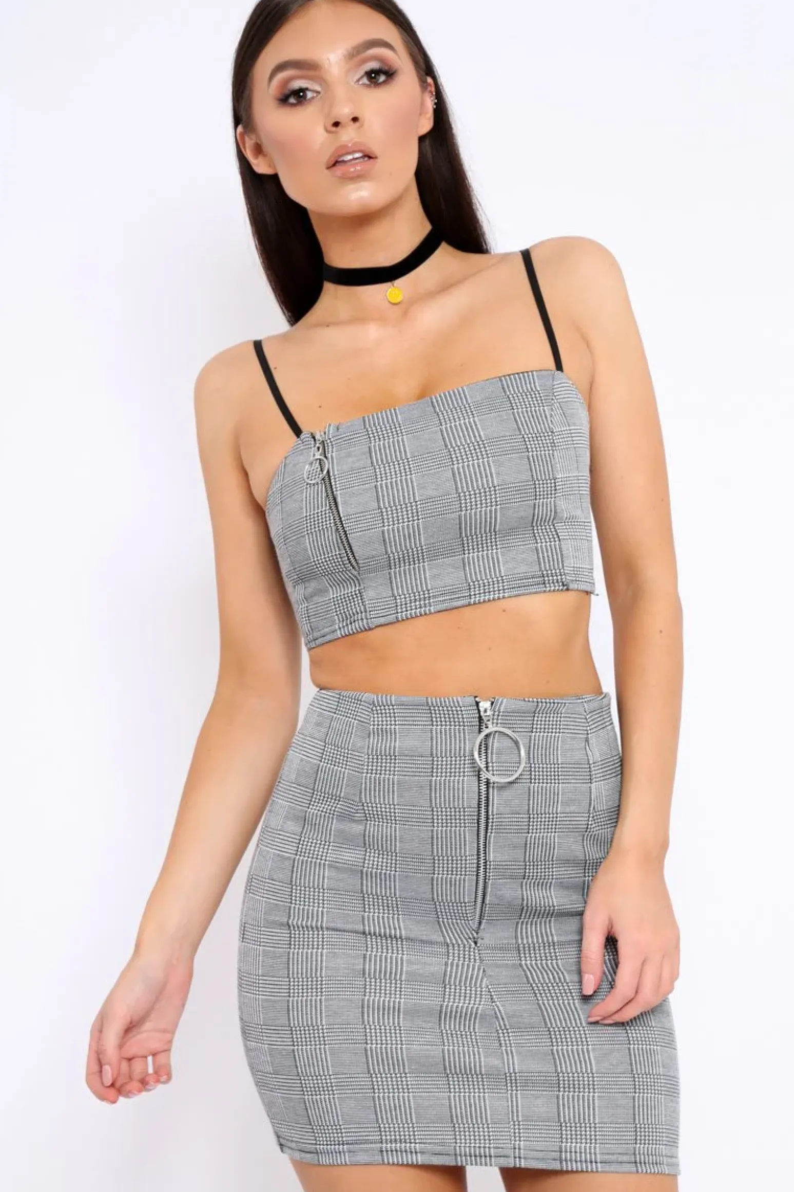 Rebellious Fashion Grey Tartan Crop Top and Skirt Co-ord - Edina